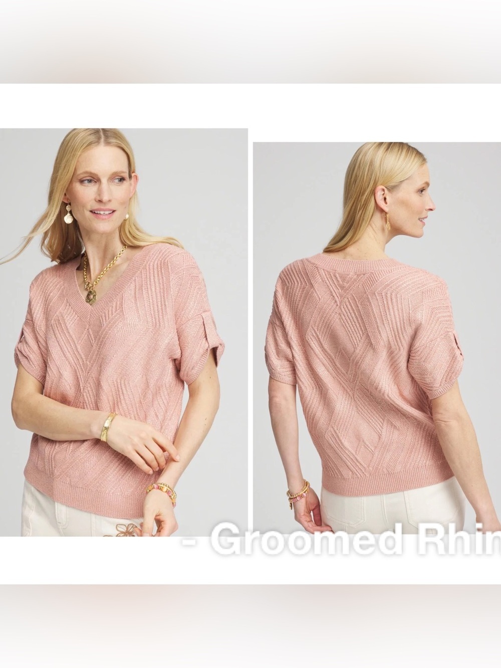 Chico’s Rose Gold Metallic V Neck Dolman Sleeve W/ Tab Size M